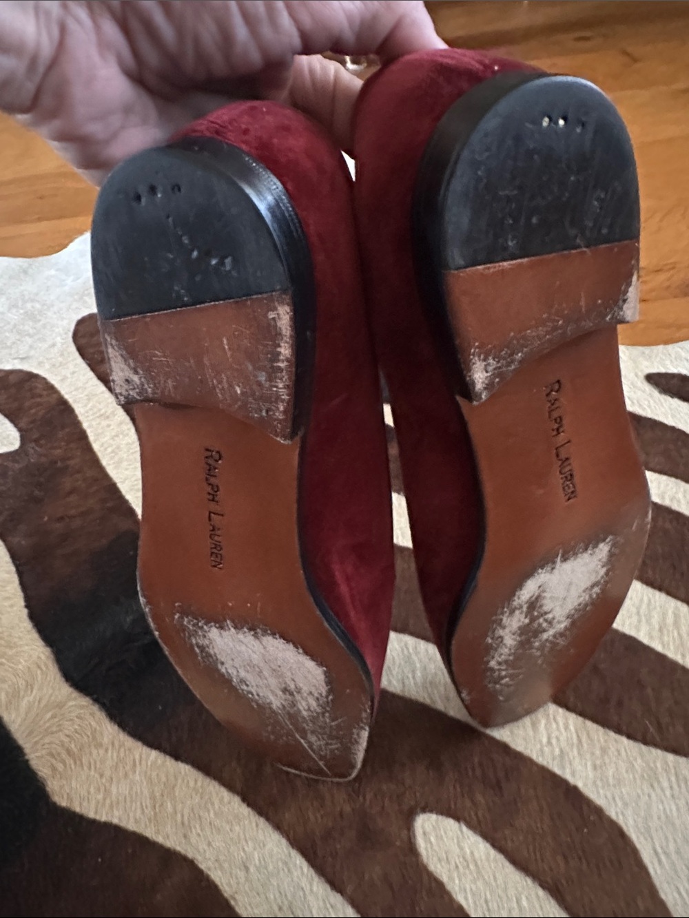Ralph Lauren Womens Burgundy Velvet Loafers with Gold Monogram - Picture 3 of 6